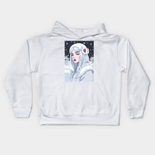 Flat Graphic of a White-Haired Woman in Snow Kids Hoodie